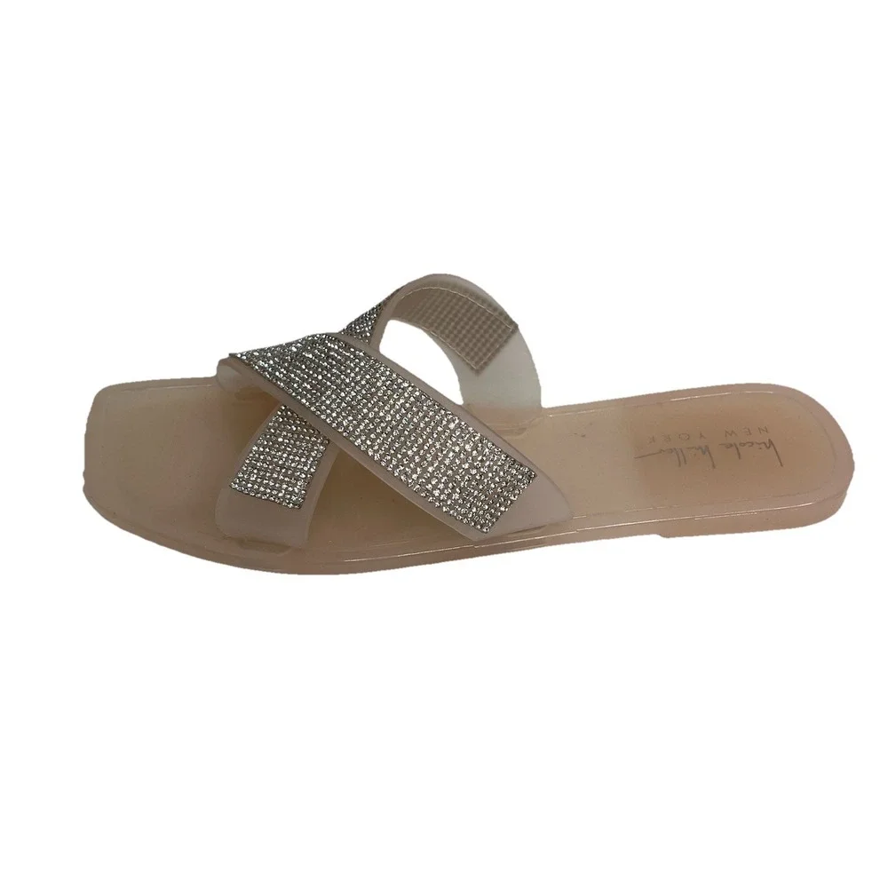 Nicole Miller Women's Silver Rhinestone Slide Sandals 8 Y2K Bling Boho Party